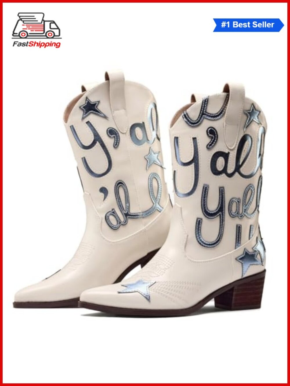 ✨ Embroidered Metallic Cowboy Boots for Women Mid Calf Pointed Toe Chunky Heel